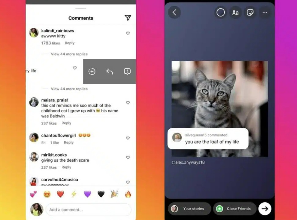 Share comments from public feed posts in Instagram stories
