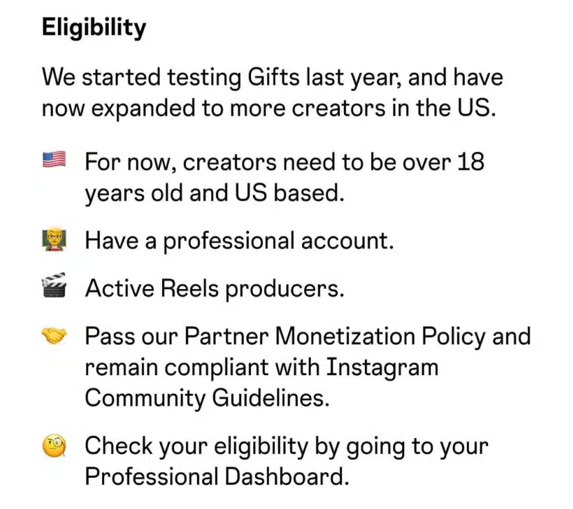 eligibility for instagram gifts